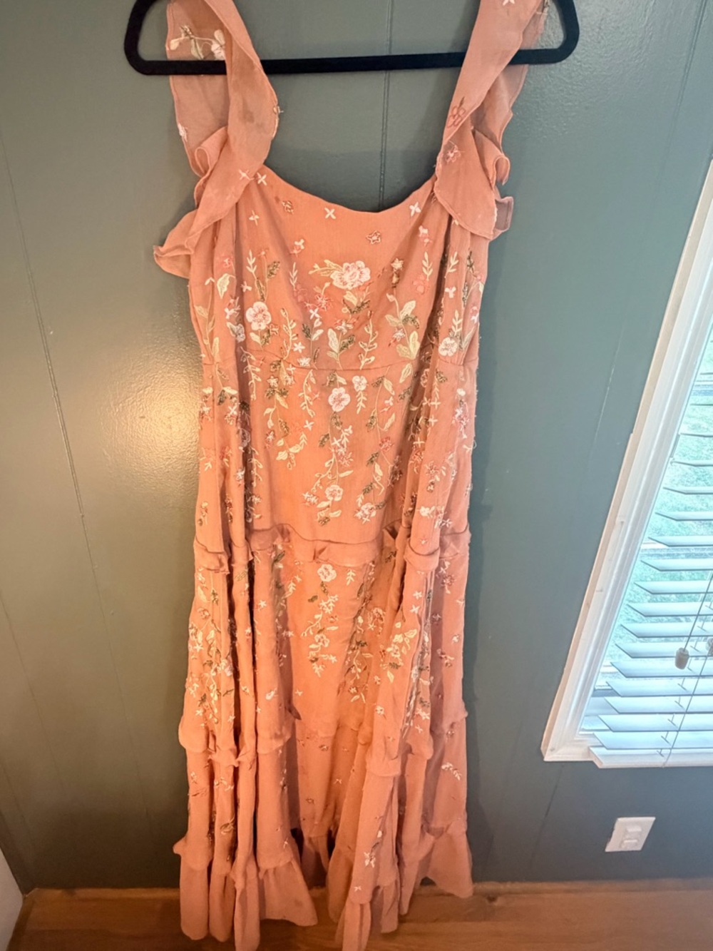 Floral Embroidered Peach Maxi Dress with Ruffled Straps